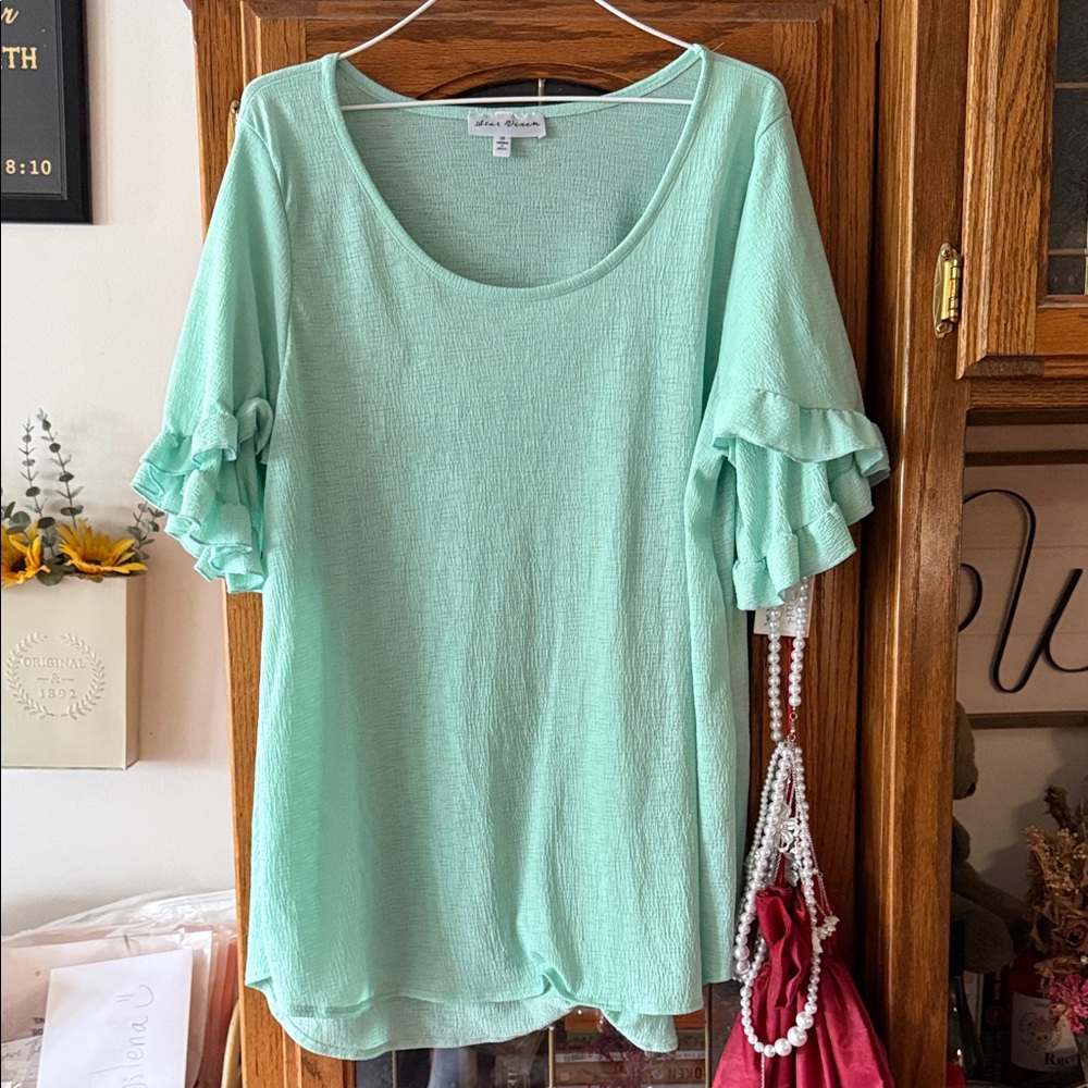 Valerie Stevens Light Green Ruffle Sleeve Blouse